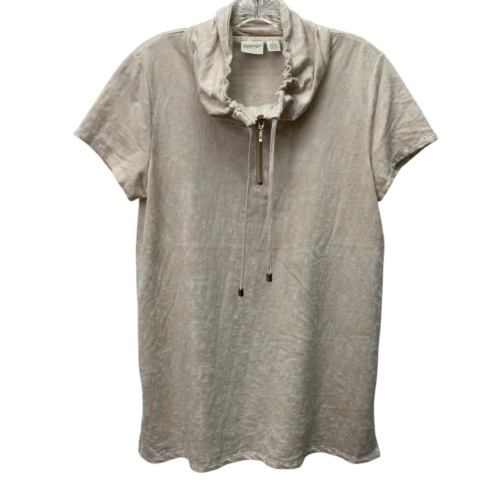 Zenergy by Chico's Womens Size 1 Beige Burnout Short Sleeve Zip Top Blouse Top